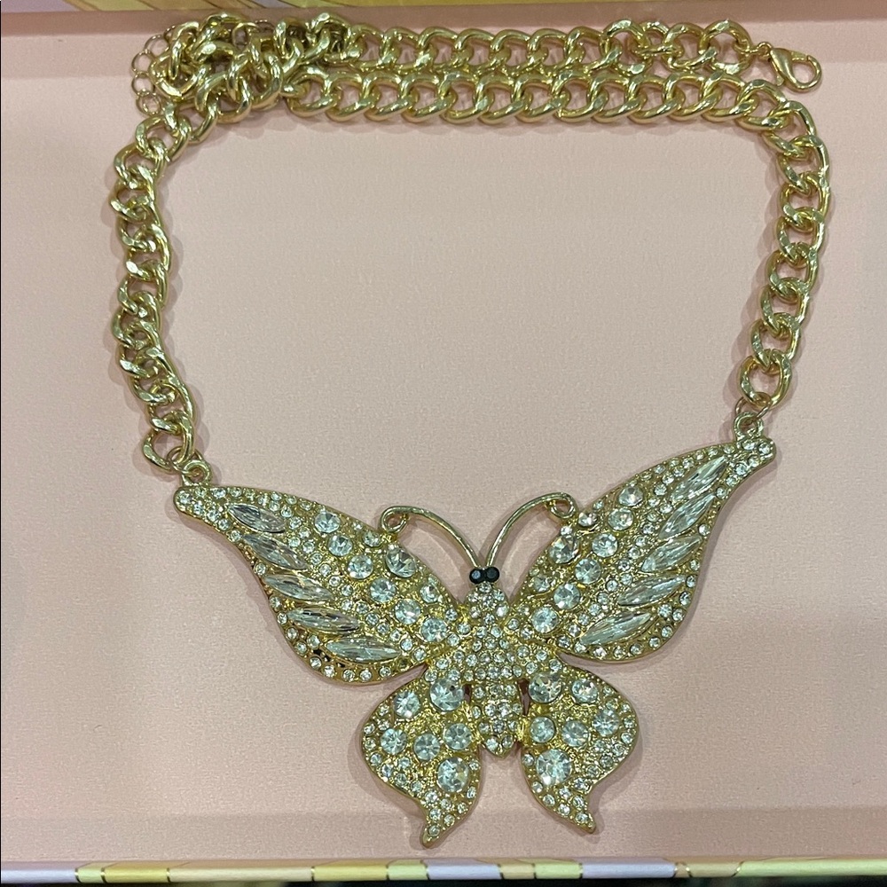 Large Gold Crystal Butterfly Statement Necklace -